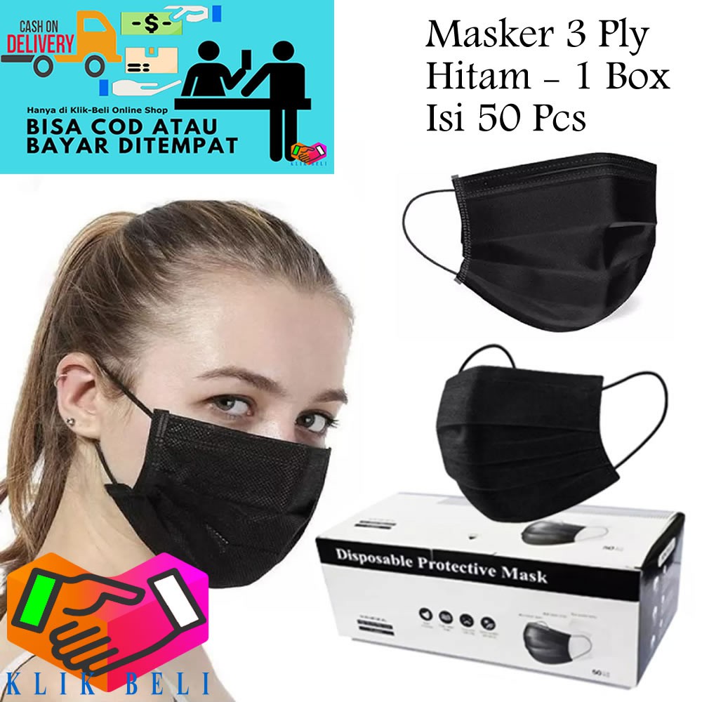 Masker 3Ply Hitam 1 Box Isi 50 Pcs / Masker Medis Bedah 3 Ply Earloop Surgical Disposable Face Mask