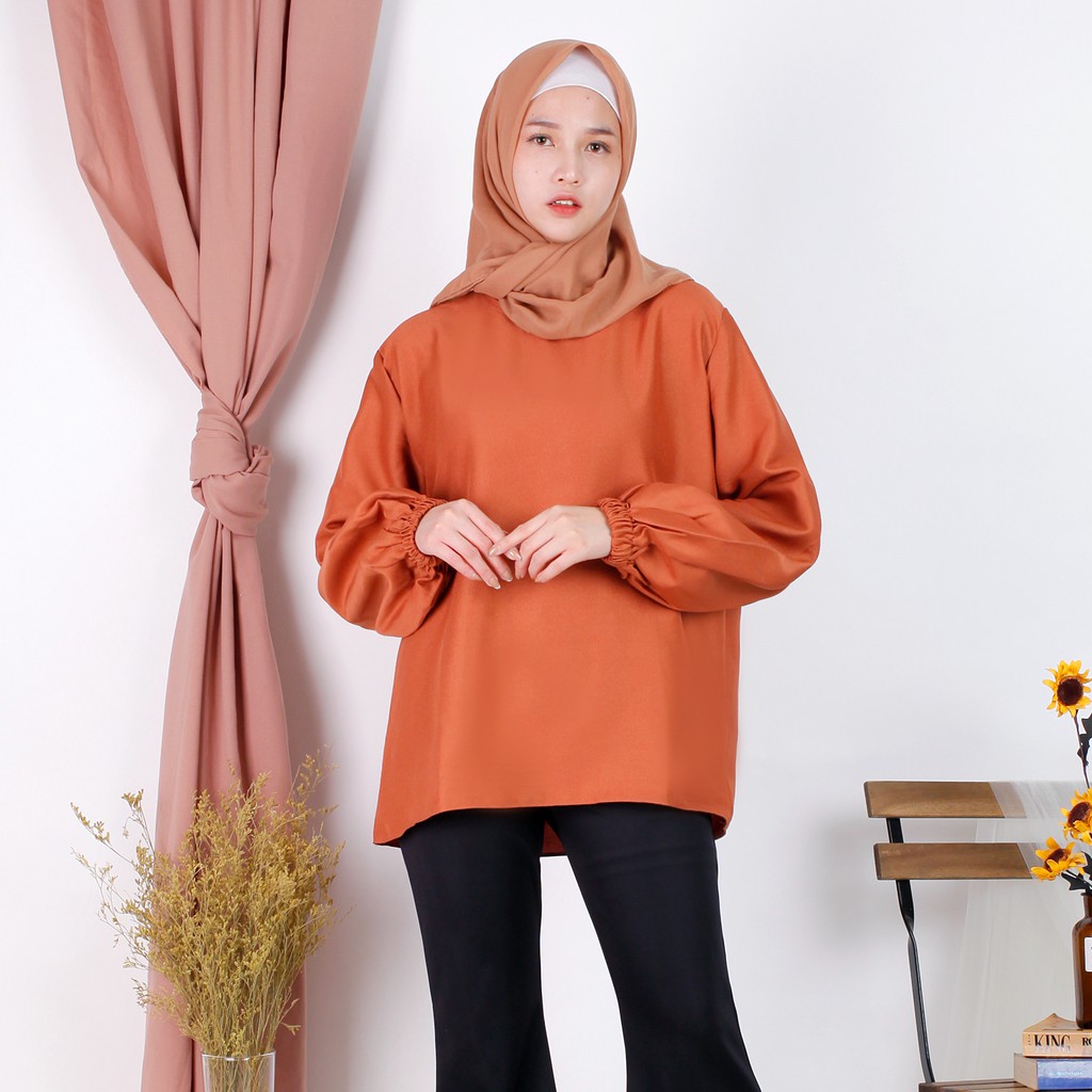 Linata Fashion | Kalina Blouse Lengan Balon Moscrepe Import-Cokelat Bata