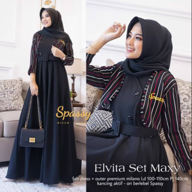 Elvita set maxy dress gamis polos cardi by spassy