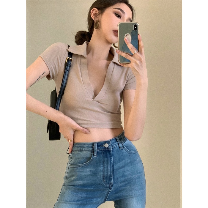 Suhao T-shirt wanita atasan cropped v-neck seksi putih lengan pendek