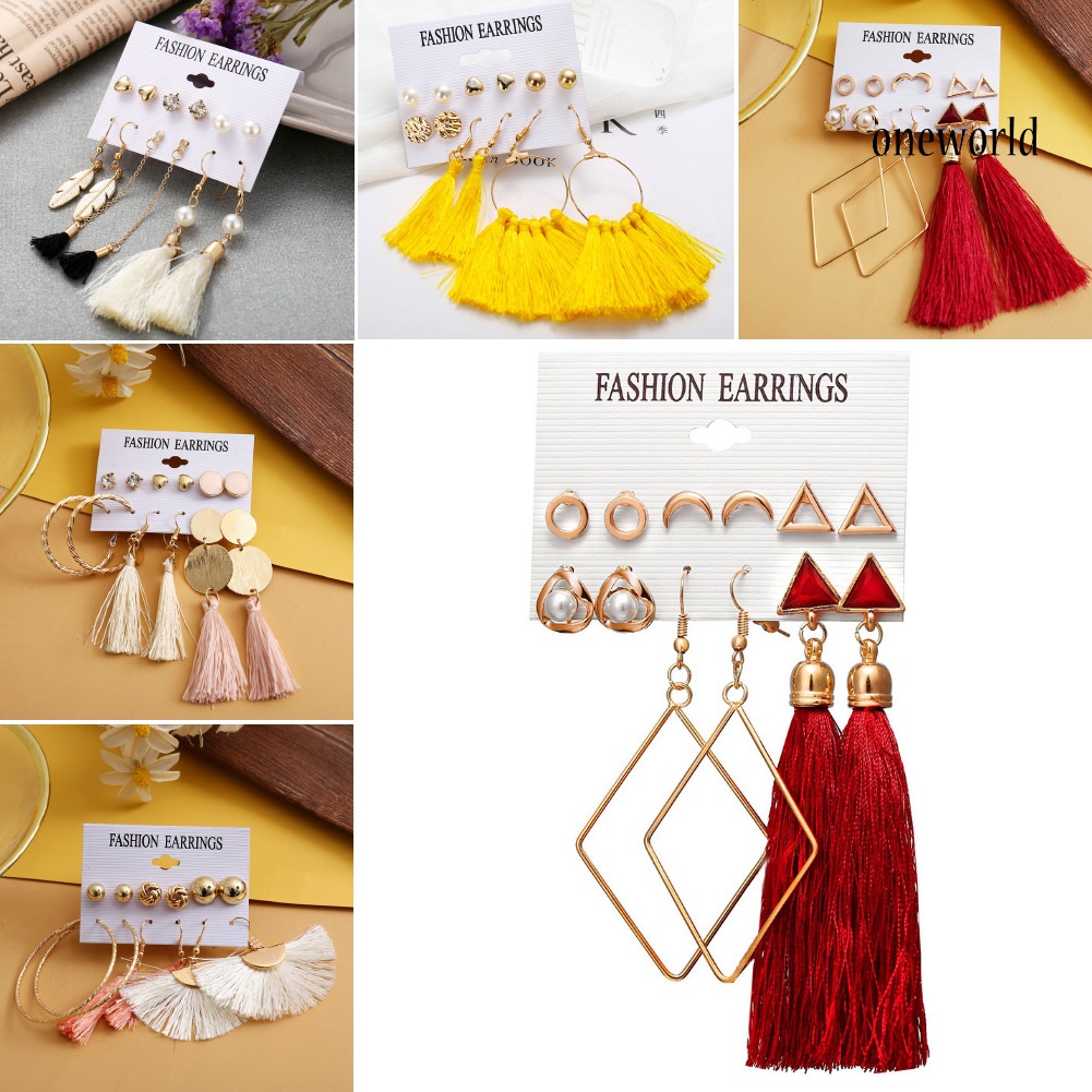 OW@ 6Pcs/Set Bohemia Women Tassel Hook Earrings Ear Stud Set Jewelry Accessories