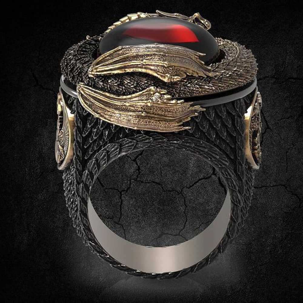 Cincin Pria Naga Phoenix Baja Titanium Hitam Emas Rubi Kristal Merah Anggur Fashion Perhiasan Punk Hewan Men Rings