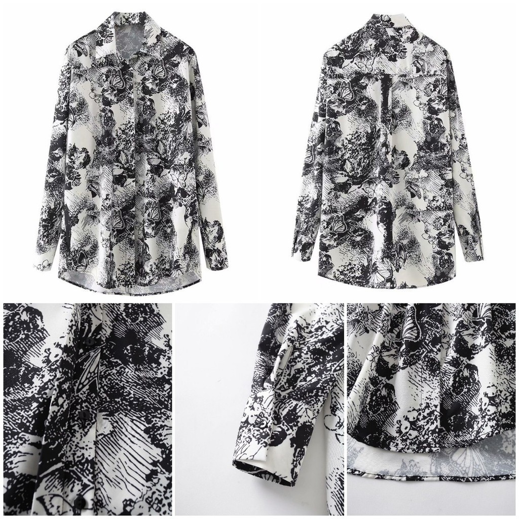 KEMEJA IMPORT PUTIH WANITA MOTIF KUPU KUPU ABSTRAK LENGAN PANJANG PREMIUM  VEN9347