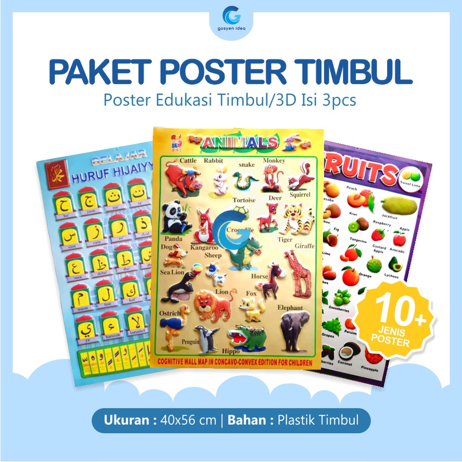 Paket 3 Poster Dinding Gambar 3D Timbul Anak Belajar Edukasi Buah Sayur Hewan
