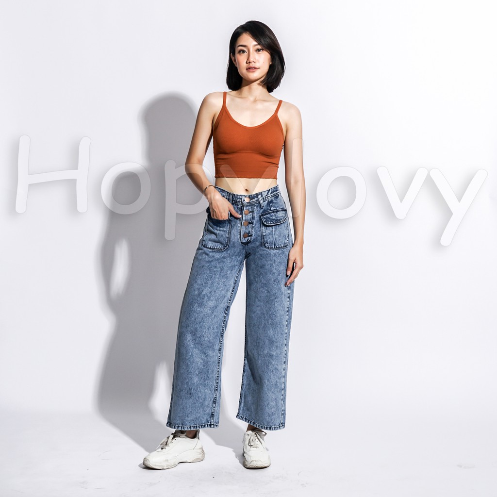 HOPYLOVY Celana Boyfriend Jeans Kancing Wanita Kantong Depan Pouch Frida