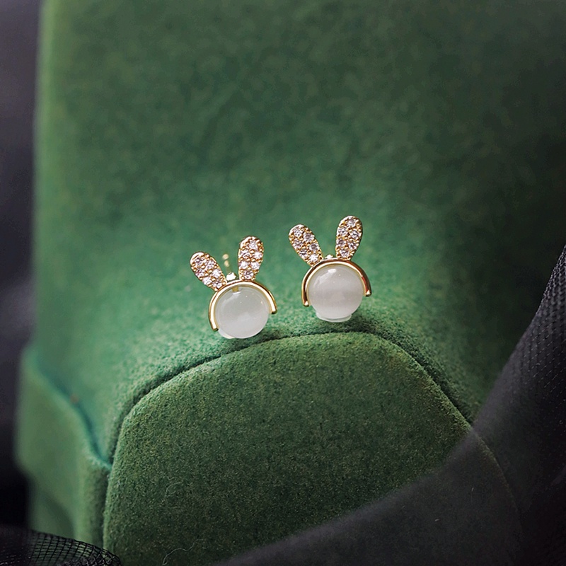 Flash diamond bunny ear opal earrings Aksesoris Telinga Korea Wanita