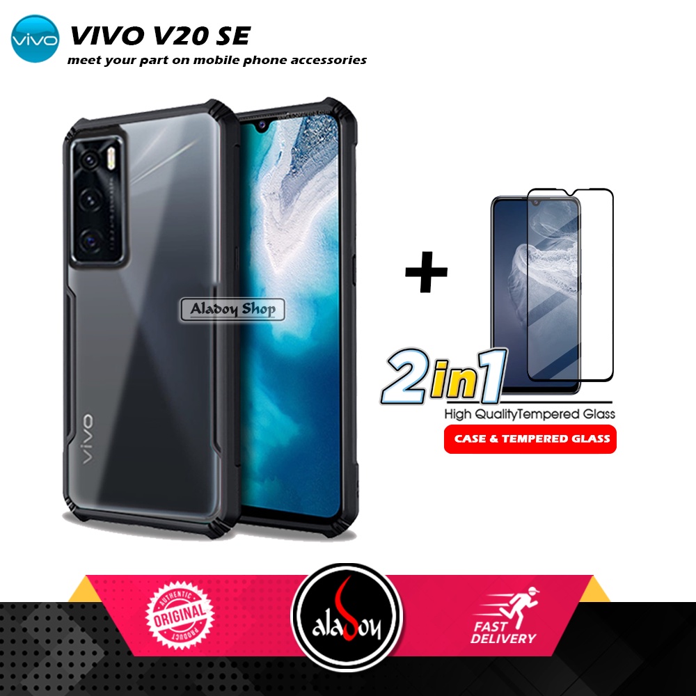 PAKET 2 IN 1 Case Vivo V20 SE Armor Fusion Transparent Prmium Casing Free Tempered Glass