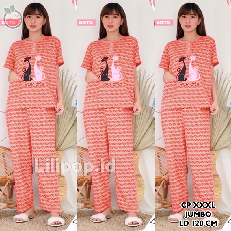 Lilipop.id  Baju Tidur Wanita CP Jumbo Twin cat Setelan Piyama BabyDoll XXXL Kaos Celana Panjang