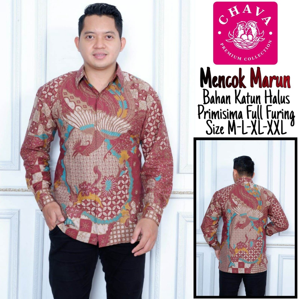 Kemeja batik pria warna marun terbaru / batik pria lengan panjang warna merah marun lapis furing