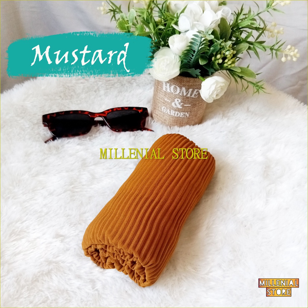 HIJAB PASHMINA CERUTY PLISKET FULL LIDI TANPA GARIS TENGAH PLEATED SHAWL 180x75 Cm-Mustard