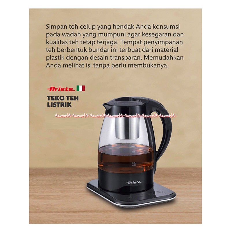 Ariete Tea Electric Kettle Teko Cerek Teh Listrik dengan Saringan 1L Hitam Kaca Ariette