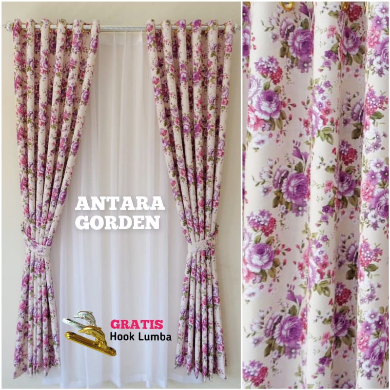 Gorden pintu jendela blackout import motif bunga shaby Smokring 12 ring 6 lipatan-YH 2 ungu