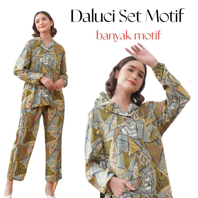 [Cod] Daily One Set Wanita Rayon Motif Premium All Size Piyama Lengan Panjang Celana Panjang Piyama 