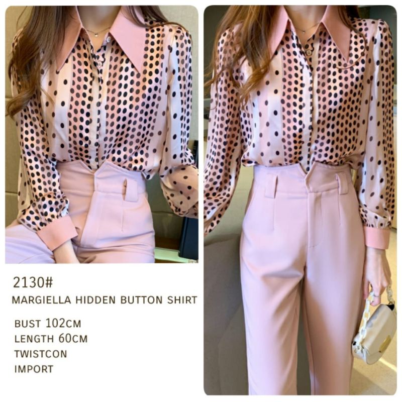 MDLV ~ 2130 Margiella Hidden Button Shirt Women Polkadot Shirt Kemeja Polkadot Pink Kemeja Twiscone Kemeja Lengan Panjang Kemeja Premium Kemeja Import Kemeja Korea style Fashion Import