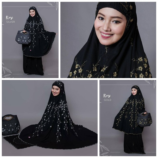 MUKENA ROSES HITAM GOLD - SILVER MOTIF BORDIR BUNGA DEPAN BELAKANG TAS BEHEL - PROMO TERBARU TJA