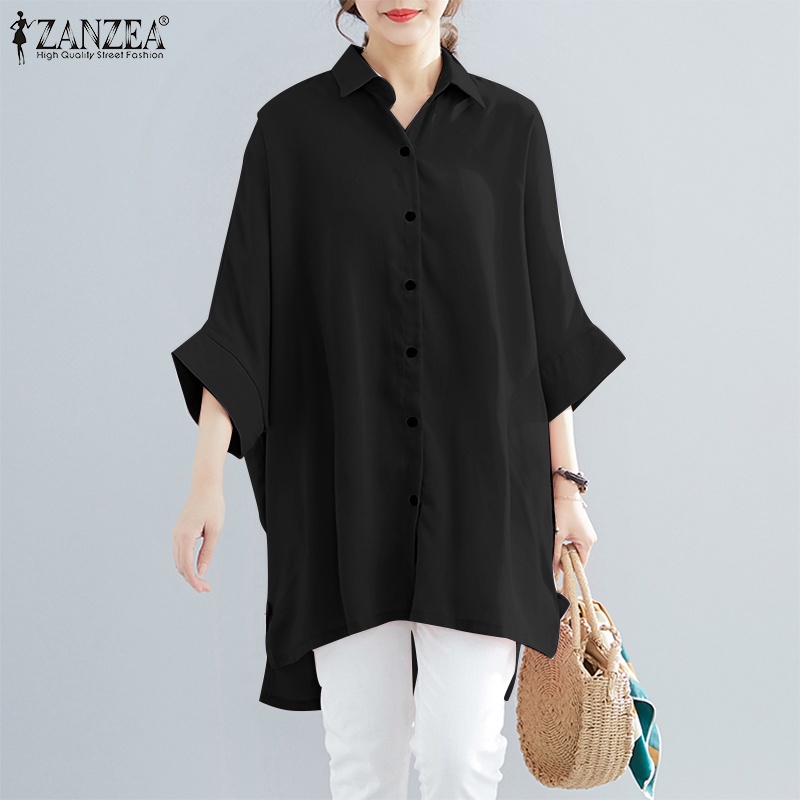 ZANZEA Women Casual Turn-Down-Collar Solid Color Long Button Down High Low Blouse