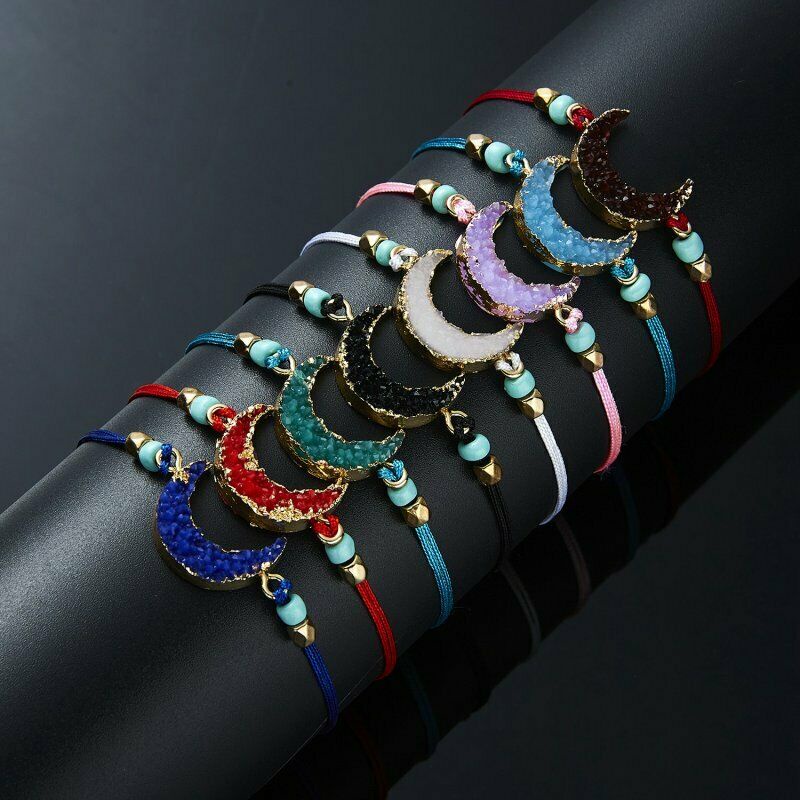 Handmade Gelang Bangle Tali Kulit Pu Multilapis Pendan Bulan Sabitbatu Alami Untuk Wanita