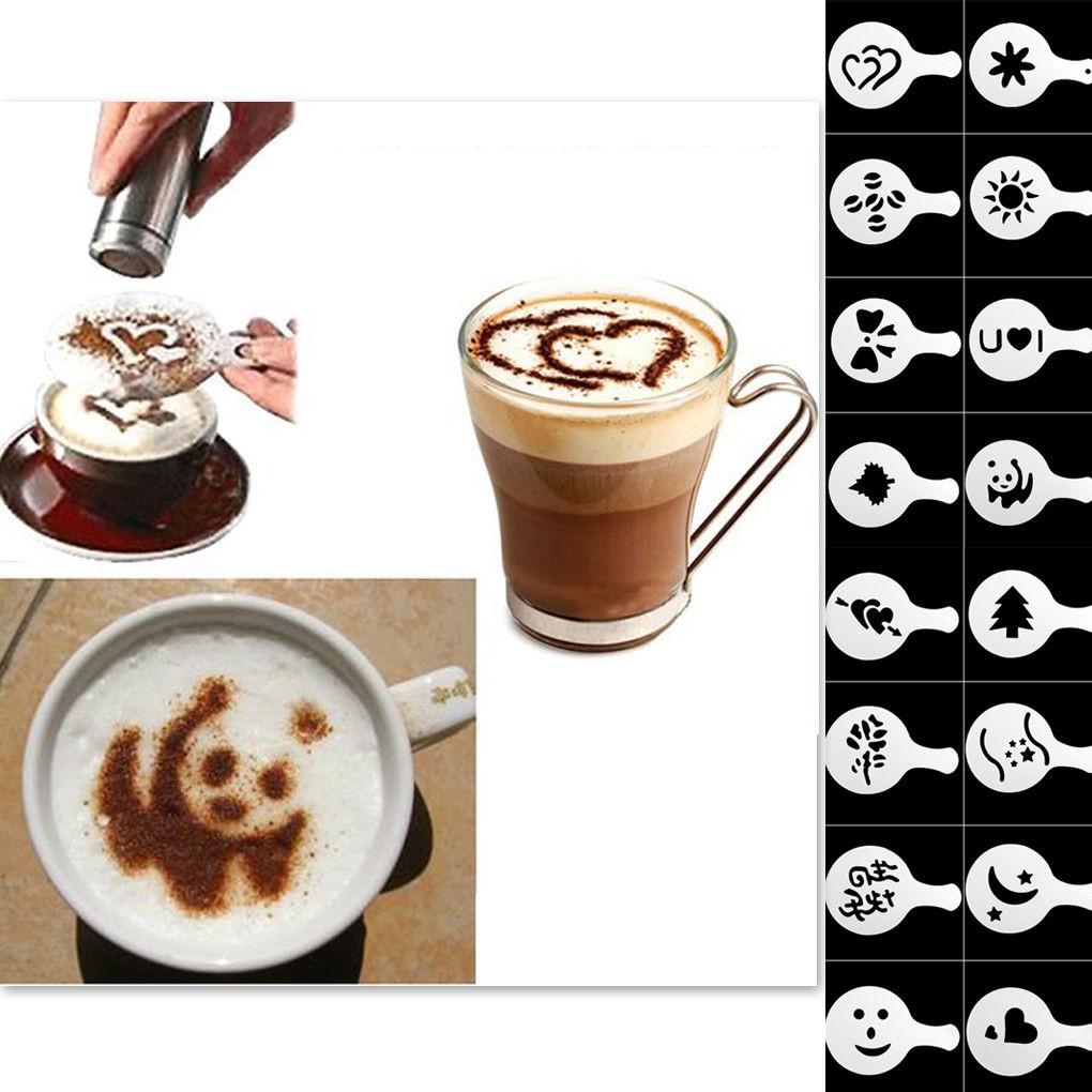 

16PCS Coffee Machine Barista Stencils Template Strew Flowers Pad Duster Spray