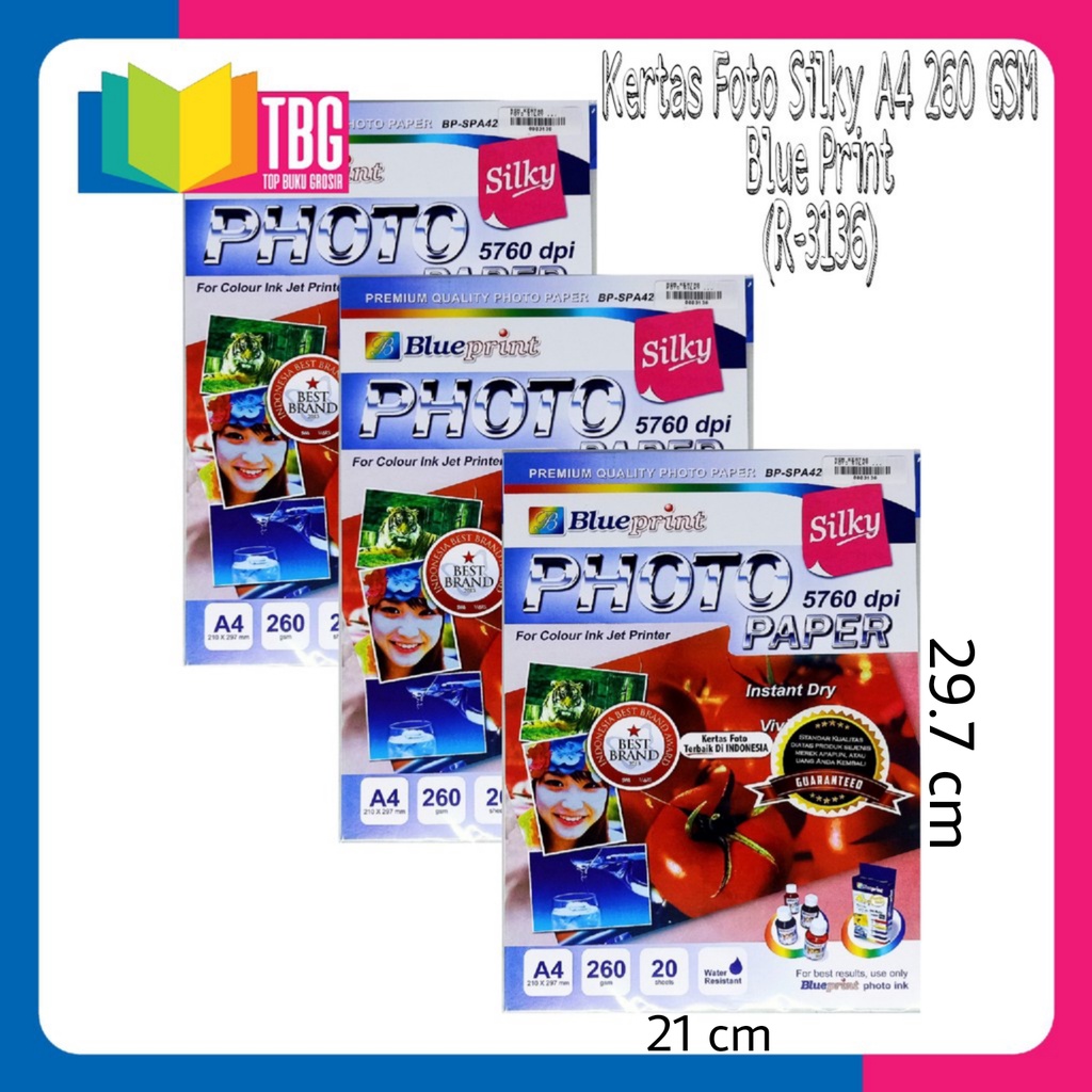 

1 PACK (20 LEMBAR) KERTAS FOTO SILKY A4 260GSM BLUE PRINT / SILKY PHOTO PAPER (R-3136)