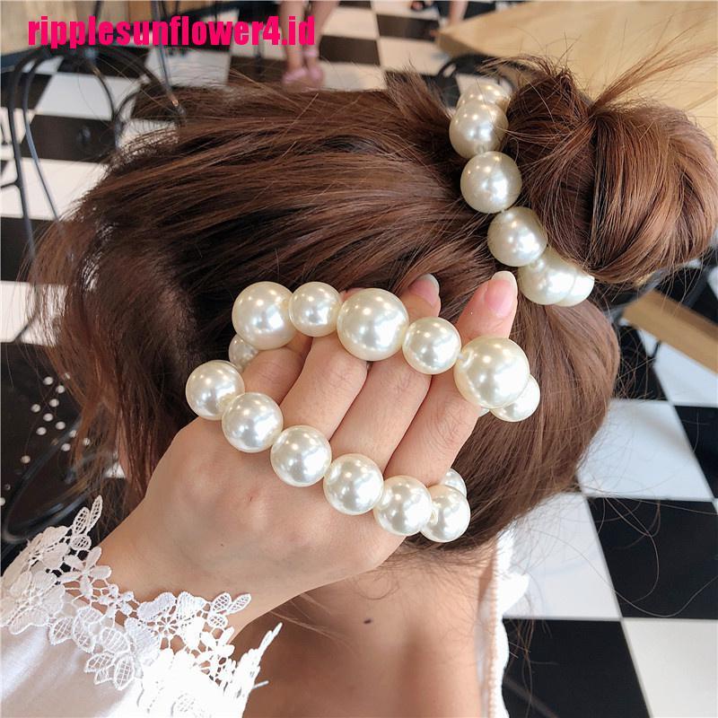 Karet Rambut Ponytail Elastis Aksen Mutiara Besar Ala Korea Untuk Wanita