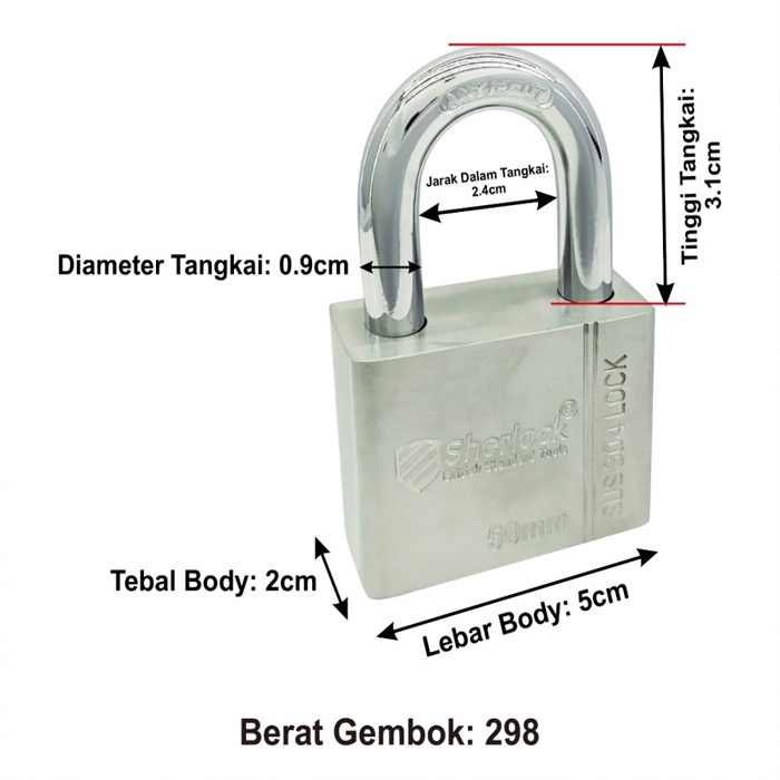 Gembok ANTI RUST 50 mm Pendek Sherlock Stainless Steel 304 anti karat