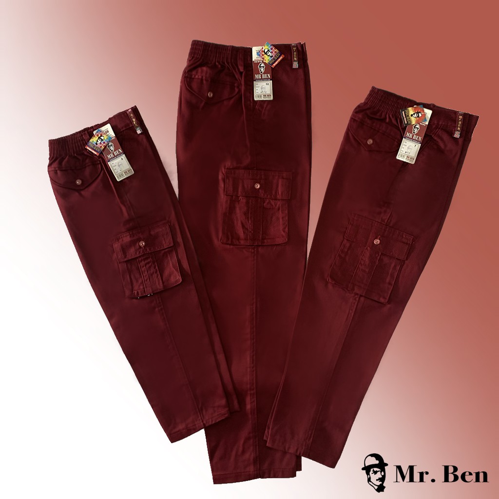 MR.BEN Seragam Sekolah Celana SD Merah Panjang Kantong Samping Tempel Pinggang Karet