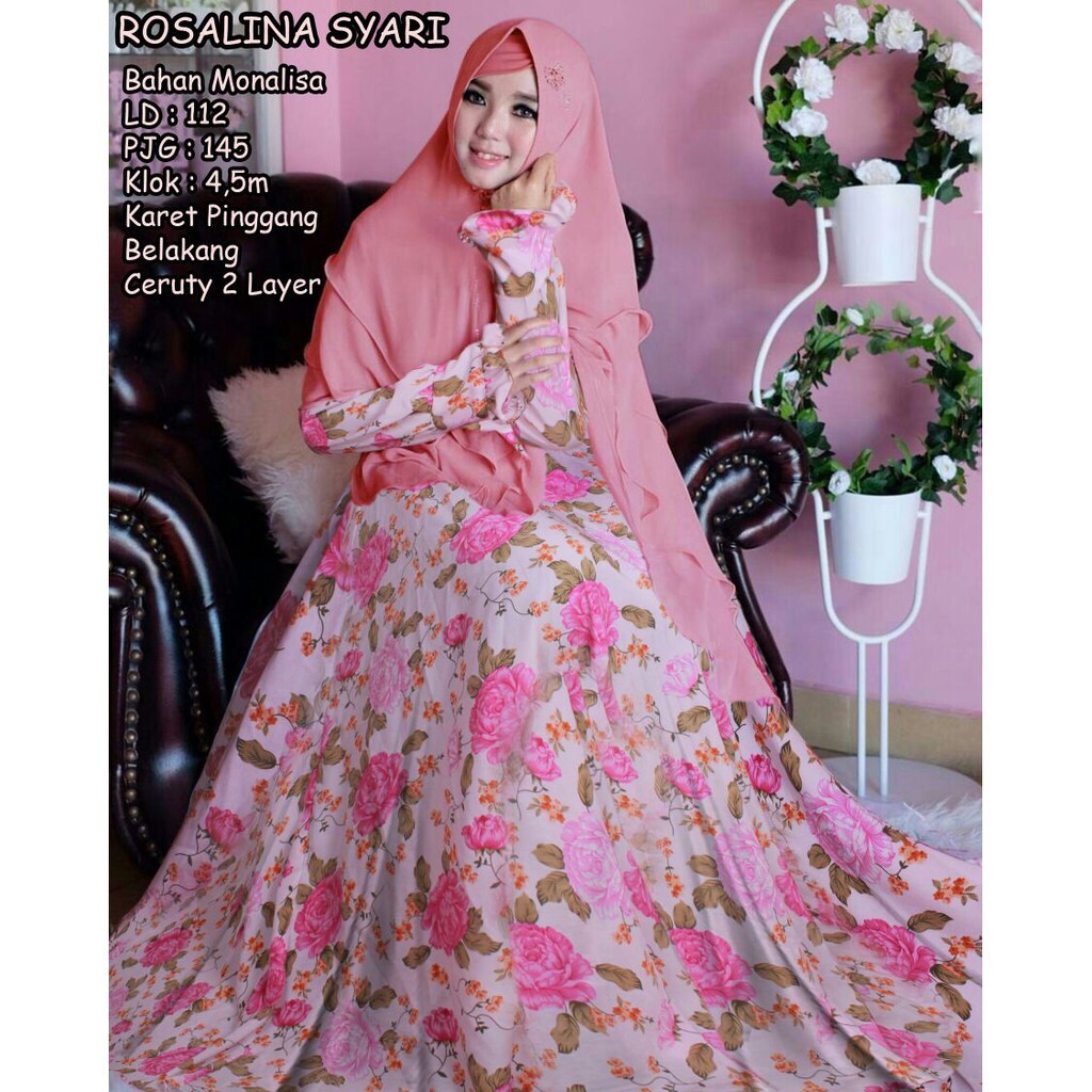 GAMIS SYARI ROSALINA PINK DENGAN KHIMAR