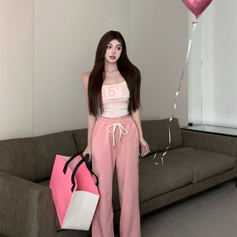 Suhao 2022 Baru Olahraga Musim Panas Celana Kasual Retro Serut Celana Panjang Vertikal Lurus Lebar Kaki Celana Niche Wanita Mengepel Lantai