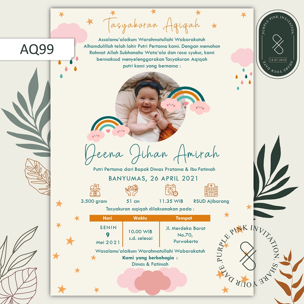 Undangan Digital Aqiqah Code AQ99 Softfile Tema Awan Pelangi Warna Krem | 𝐏𝐮𝐫𝐩𝐥𝐞 𝐏𝐢𝐧𝐤 𝐈𝐧𝐯𝐢𝐭𝐚𝐭𝐢𝐨𝐧