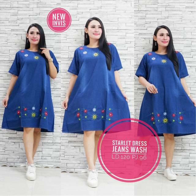 Mini Dress Jumbo LD 120 Bahan Jeans Wash Bordir Timbul