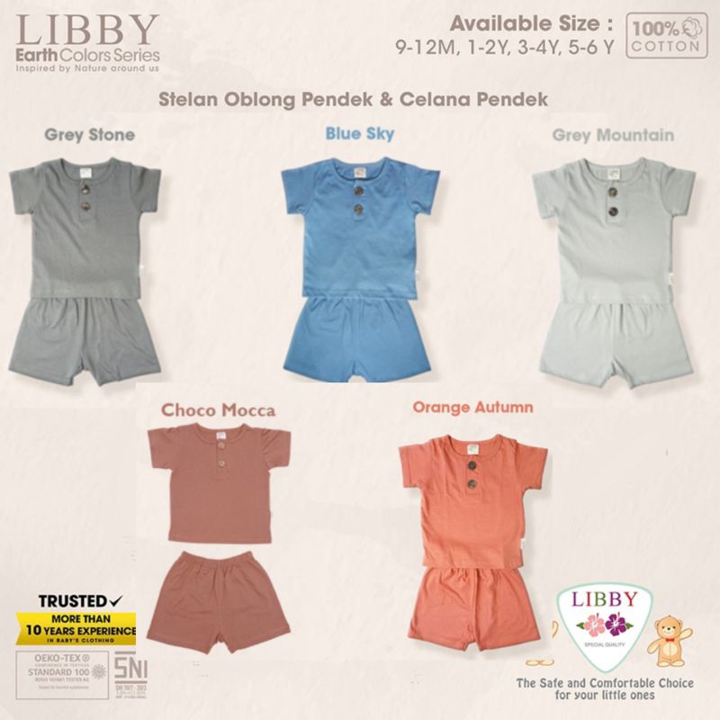 LIBBY INDONESIA Stelan Baju Oblong Lengan Pendek Celana Pendek Kancing Depan Fave Set | Motif Earth Fave Set | Unisex ( Cewek &amp; Cowok ) Untuk Bayi &amp; Anak ( 1 Stel )