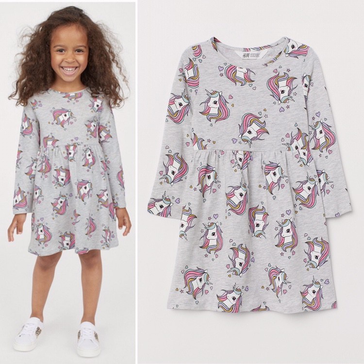 Dress Lengan Panjang Anak Perempuan HnM China Motif Unicorn Grey Size 1,5y 2y / Kado Baju Kaos Anak 