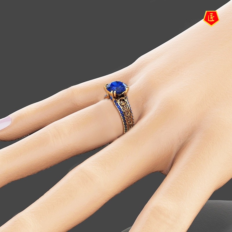 [Ready Stock]Ruby Hollow Flower Ring Micro-Inlaid 14K Gold Sapphire