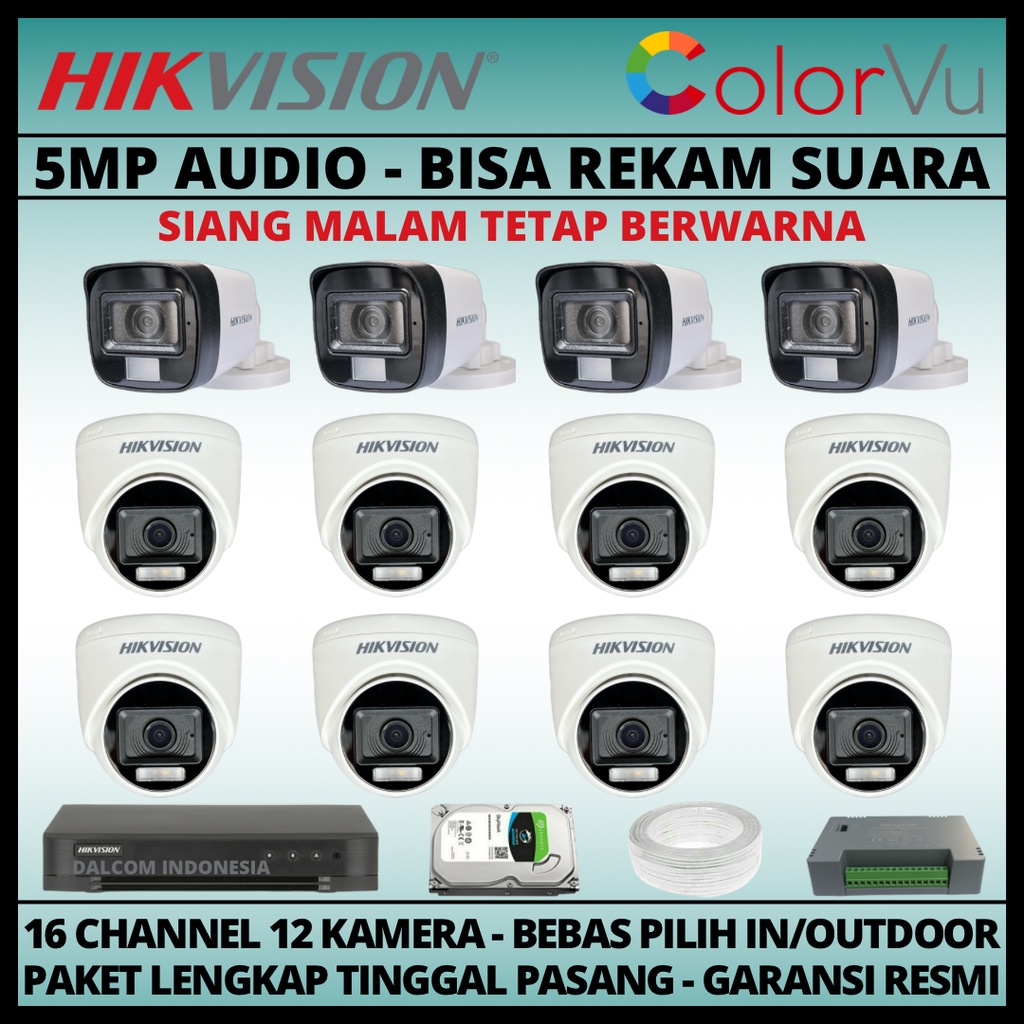 PAKET CCTV HIKVISION COLORVU 5MP 16 CHANNEL 12 KAMERA COLORFUL