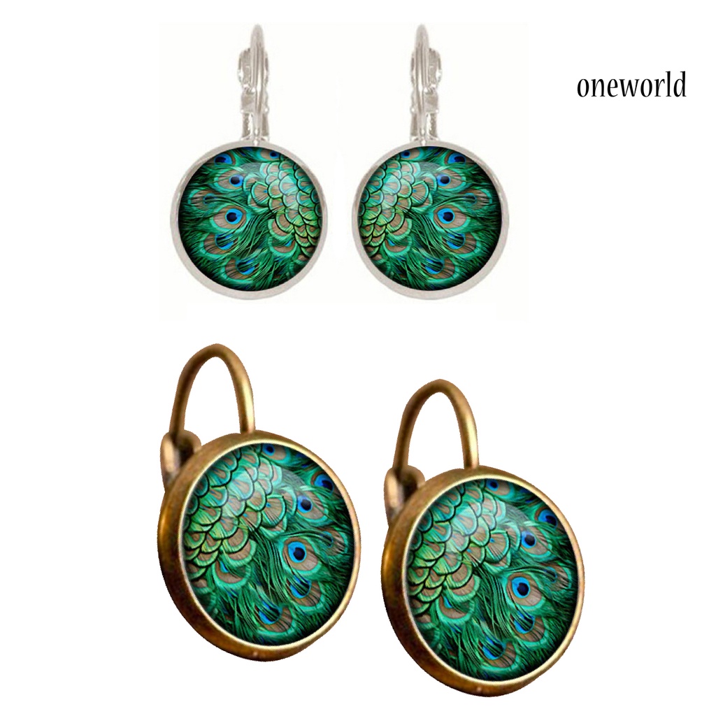 OW# 1 Pair Earrings Glass Cabochon Dangle Peacock Pattern 2 Colors Vintage Leaverback Earrings for Gift