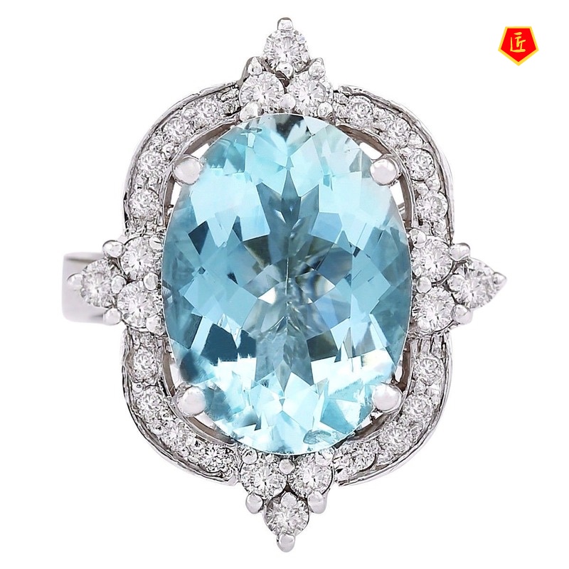 [Ready Stock]Topaz Blue Crystal Ring Luxury Micro-Inlaid Temperament