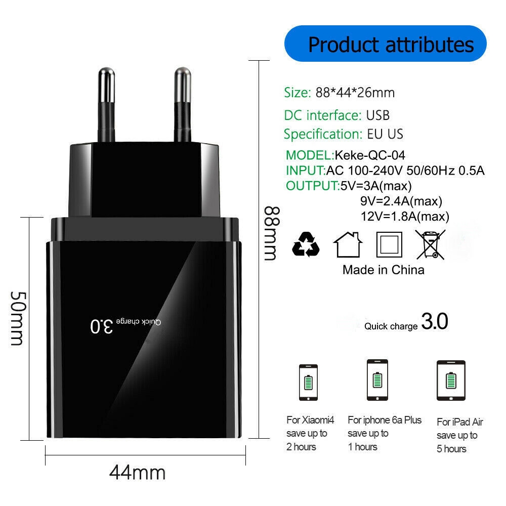 4Ports QC3.0 Fast Quick Charge USB Hub Wall Charger Power Adapter US EU Plug
