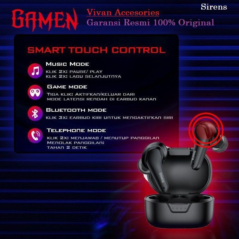 (GAMEN TWS) Headset Earphone Wireless Gaming Airbuds Smart Control Touch Low Latency 40 MS LED HD Sound in-Ear SIREENS