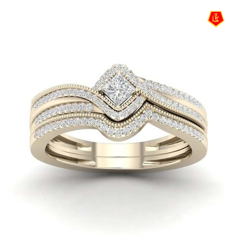 [Ready Stock]Luxury Micro-Inlaid Square Diamond Ring Set