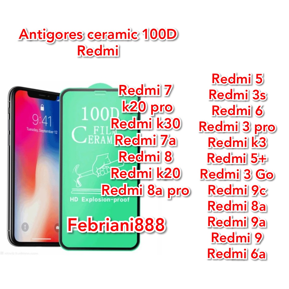 Redmi 5+/5/3/K3/K30/K20/K20Pro/9/9A/9C/6/6A/7/7A/8/8A/8APro/Go/3s/3Pro AntiGores Ceramic 100D