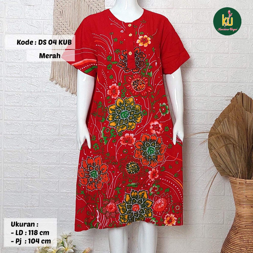 COD DS04 KUB | Daster Batik Kencana Ungu Asli Label Biru Uk. Jumbo LD 120 cm | Baju Santai Tidur Wanita Dewasa Kancing Depan Busui Friendly Motif Terbaru-Merah C