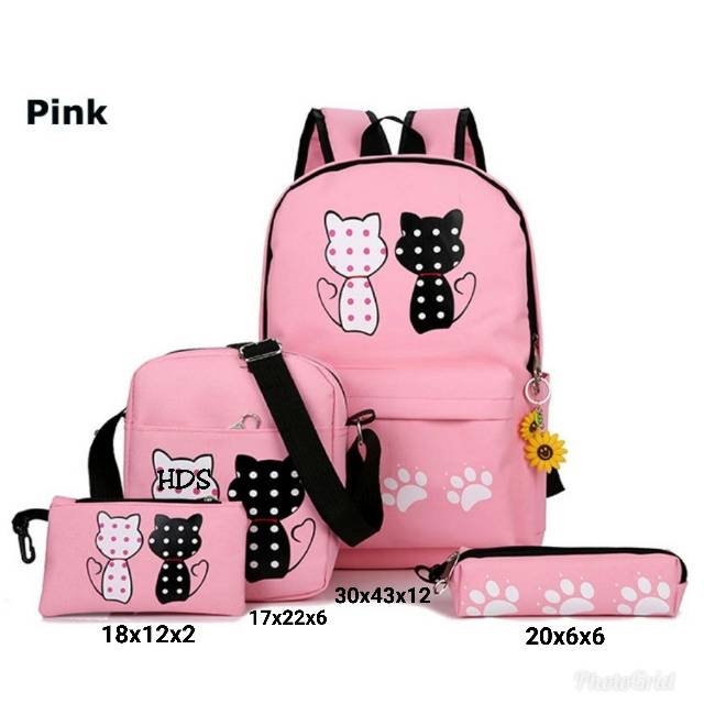 Fashion backpack motif cat polka TOKE /fashion ransel satu set murah