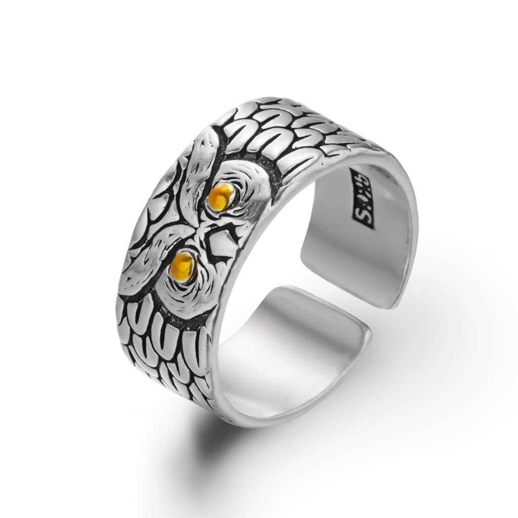 Cincin Model Terbuka Desain Kepala Naga Butterfly Owl Wings Irregular Warna silver Gaya Vintage Untuk Pria