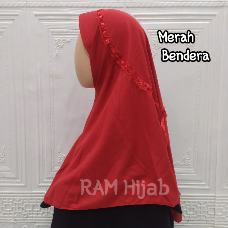 ram hijab kerudung jilbab instan bergo anak sekolah TK SD SMP serut pita atas warna merah bendera