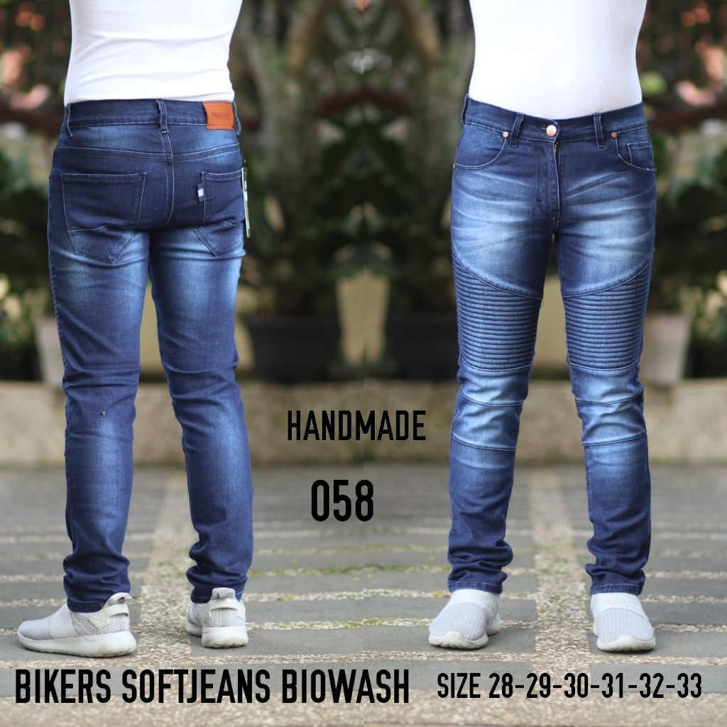 Celana Jeans Pria Skinny Biker Motor Ripped Knee Rips Sobek Robek Black Denim Streact Berkualitas