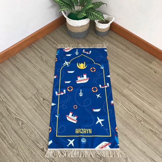 Sajadah Anak Premium Grade Gratis Custom Nama,  Anti slip, bisa Lapis Busa (Tebal dan empuk), Full Printed motif Lucu-nautical blue