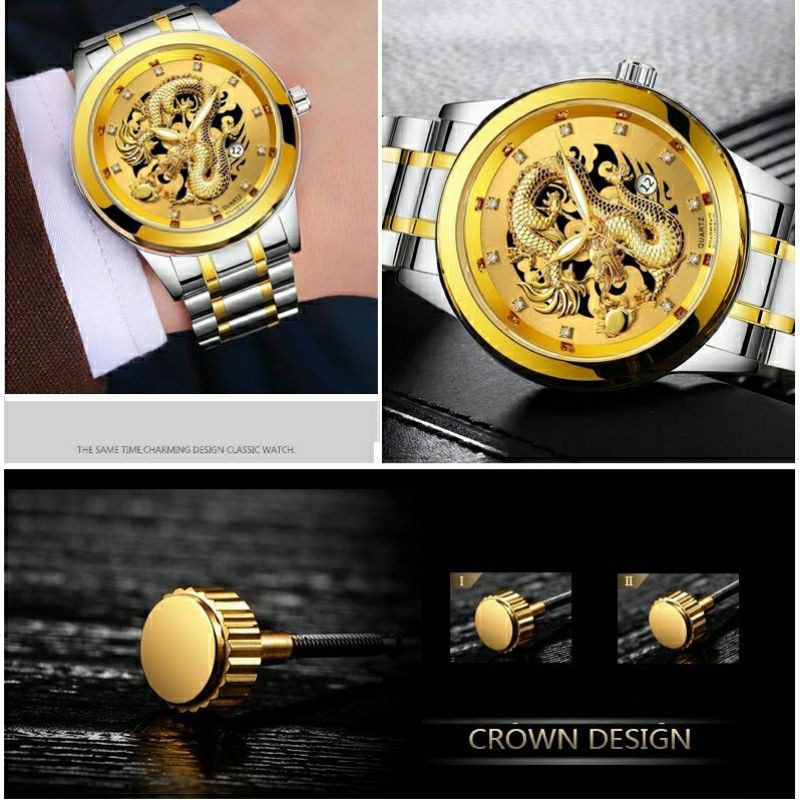 (BISA COD) Jam Tangan Naga Emas Men Watch Gold Mewah Jam Tangan Pria Keren Kalender Anti Air JT8A