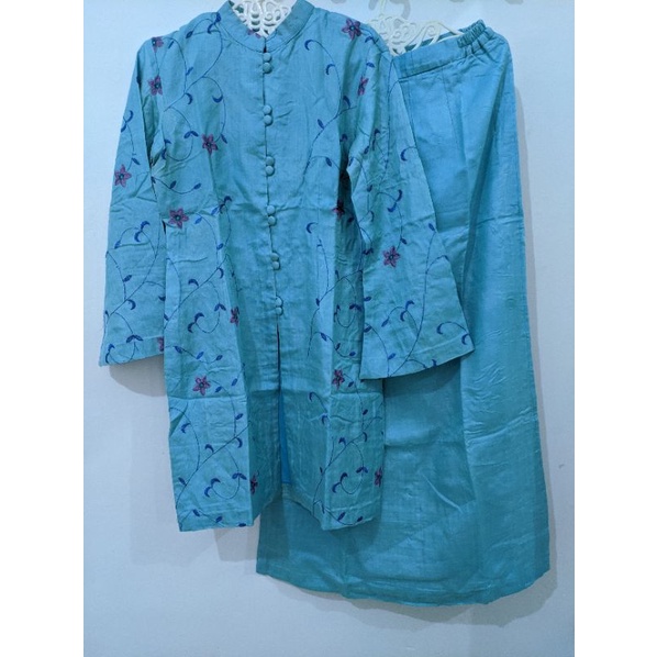 Set Baju Kurung Kebaya Modern Wisuda Kondangan Bordir Biru Tosca Cewek Wanita