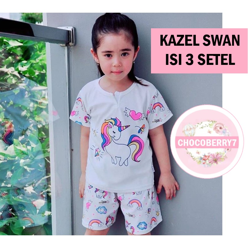 3setel Kazel Swan Edition Setelan Pendek Girl  0-6Th Stelan Bayi Anak