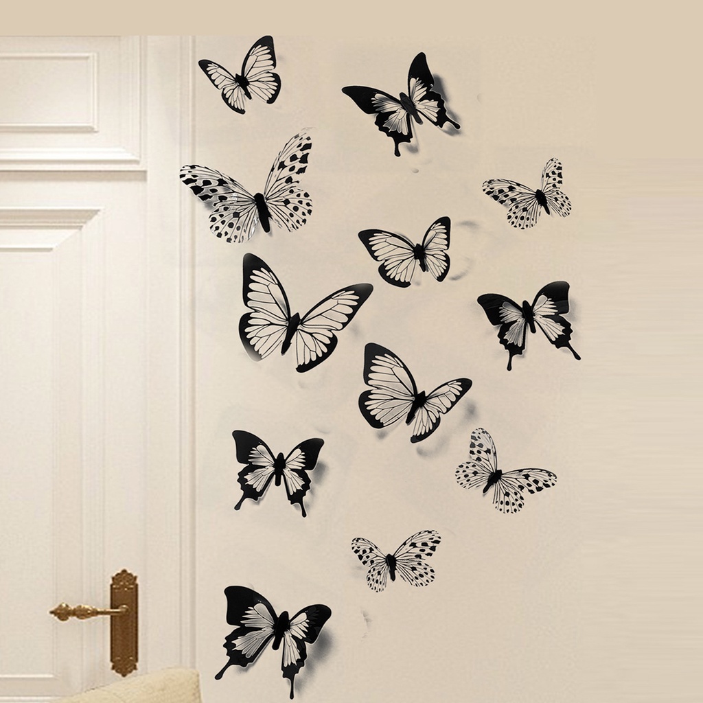 [24 pcs/ lot Black white 3D butterfly Wall Stickers] [DIY Wall Decal Stickers Used for Wedding Home Living Room TV Background Wall Decoration]